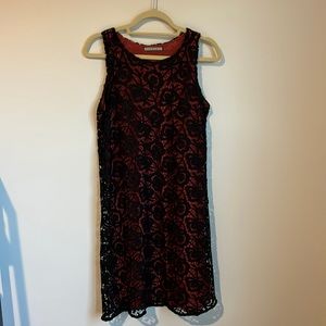 Aspargus shift dress, orange with blue lacy overlay